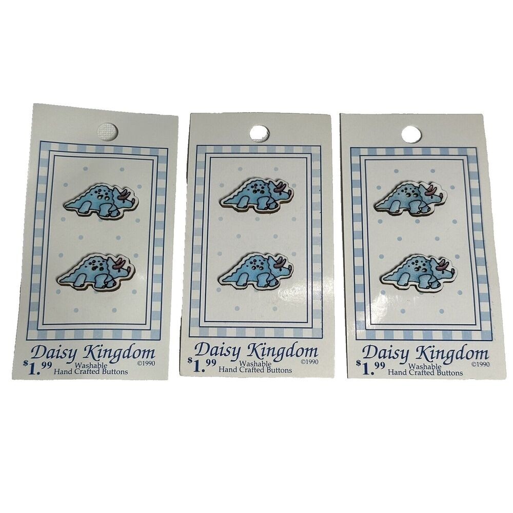 Vtg Mary Engelbreit Daisy Kingdom 2-Hole Buttons - 3 Cards Blue Dinosaur (pair)